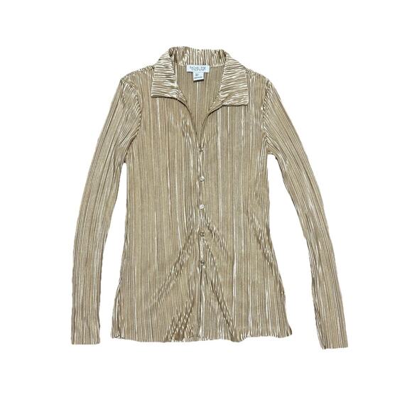 Rachel Zoe Gold Crinkle Pleat Top Sz Small Stretch Collared Button Up Shirt - Picture 1 of 5